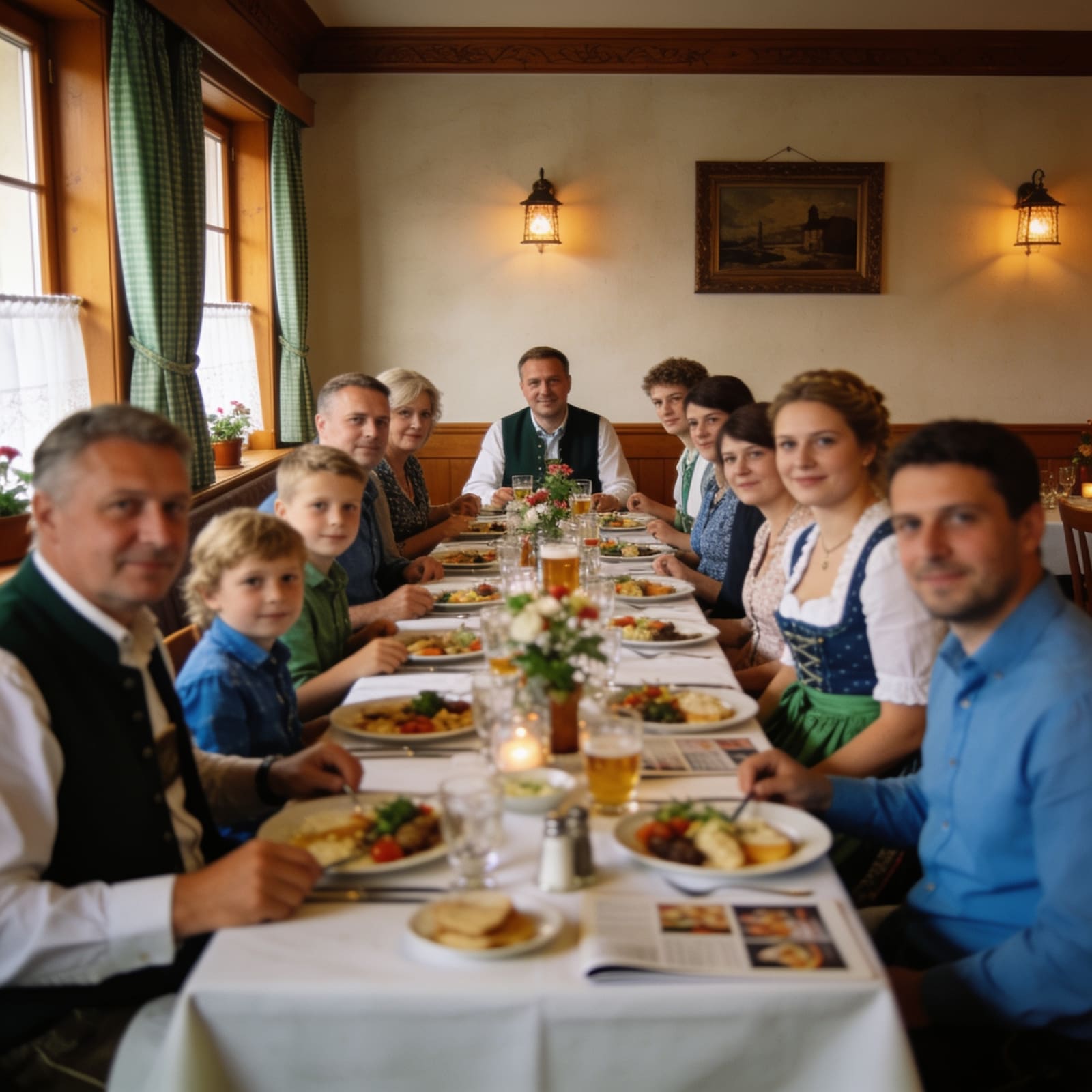 Familienfeier an einer langen Tafel im Gastraum